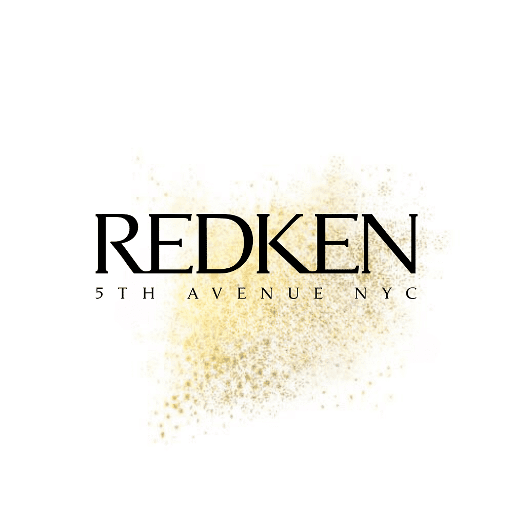 Redken 5th Avenue NYC logo with golden sparkles on a white background.