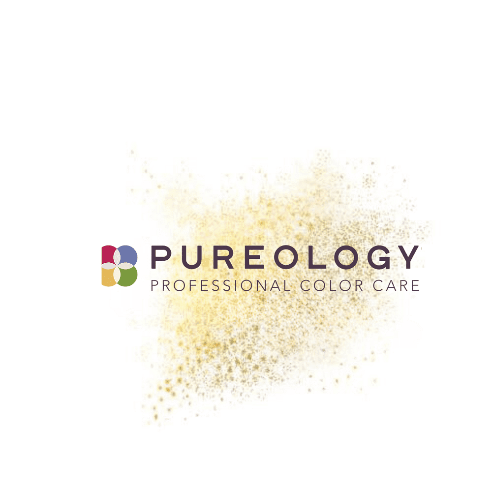 Pureology logo with "Professional Color Care" text and abstract golden sparkle background.
