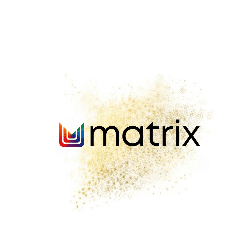 Matrix logo with colorful design elements and gold particle background.