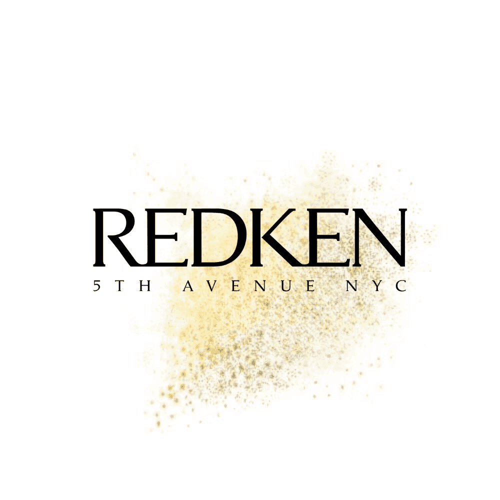 Redken 5th Avenue NYC logo with golden sparkles on a white background.