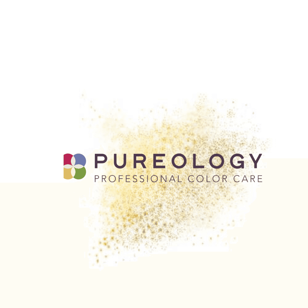 Pureology logo with "Professional Color Care" text and abstract golden sparkle background.