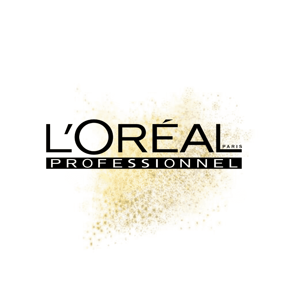 L'Oréal Professionnel logo with a gold sparkling background.